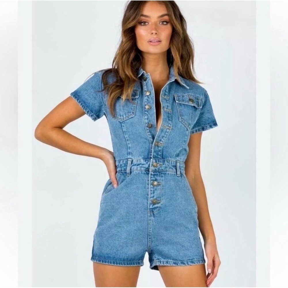 Lioness "You Know What's Up" Denim  Romper Shorts Jumpsuit NEW NWT Size XXL